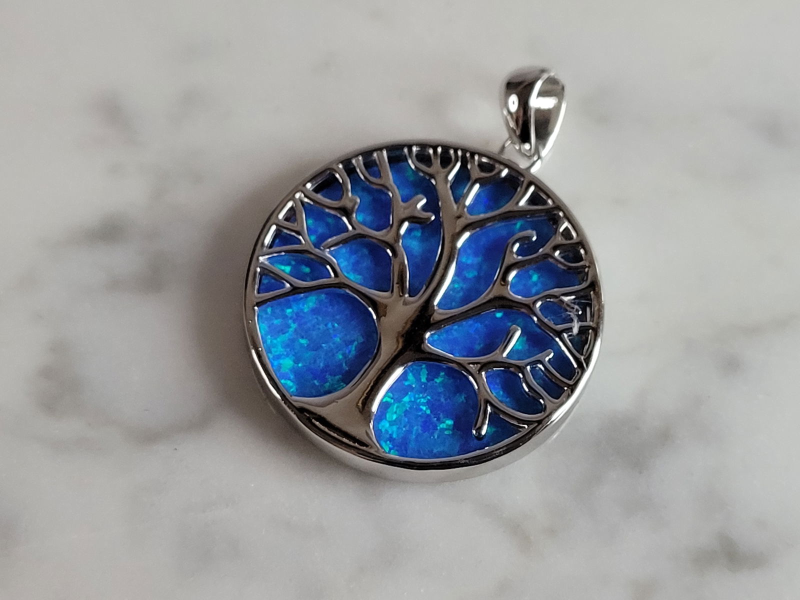 Womens Sterling Silver Blue Opal Tree of Life Pendant (1 of 3)