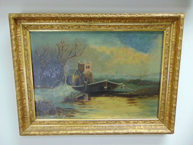 ANTIQUE EUROPEAN WINTER SCENE PAINTING ON CANVAS (1 of 8)