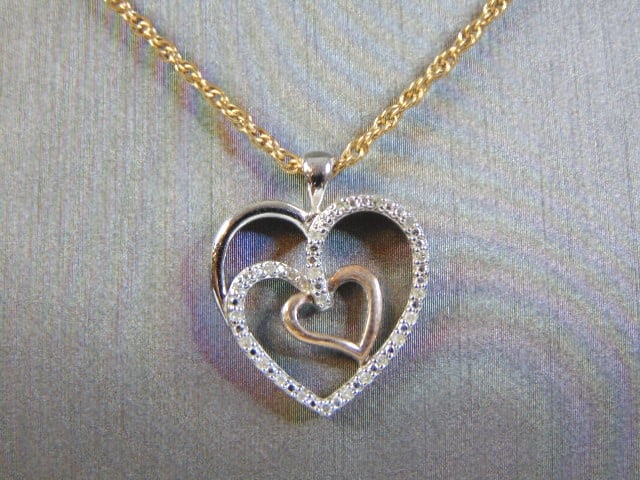 14K Gold Necklace W/ Heart Pendant and Diamond Chips (1 of 3)