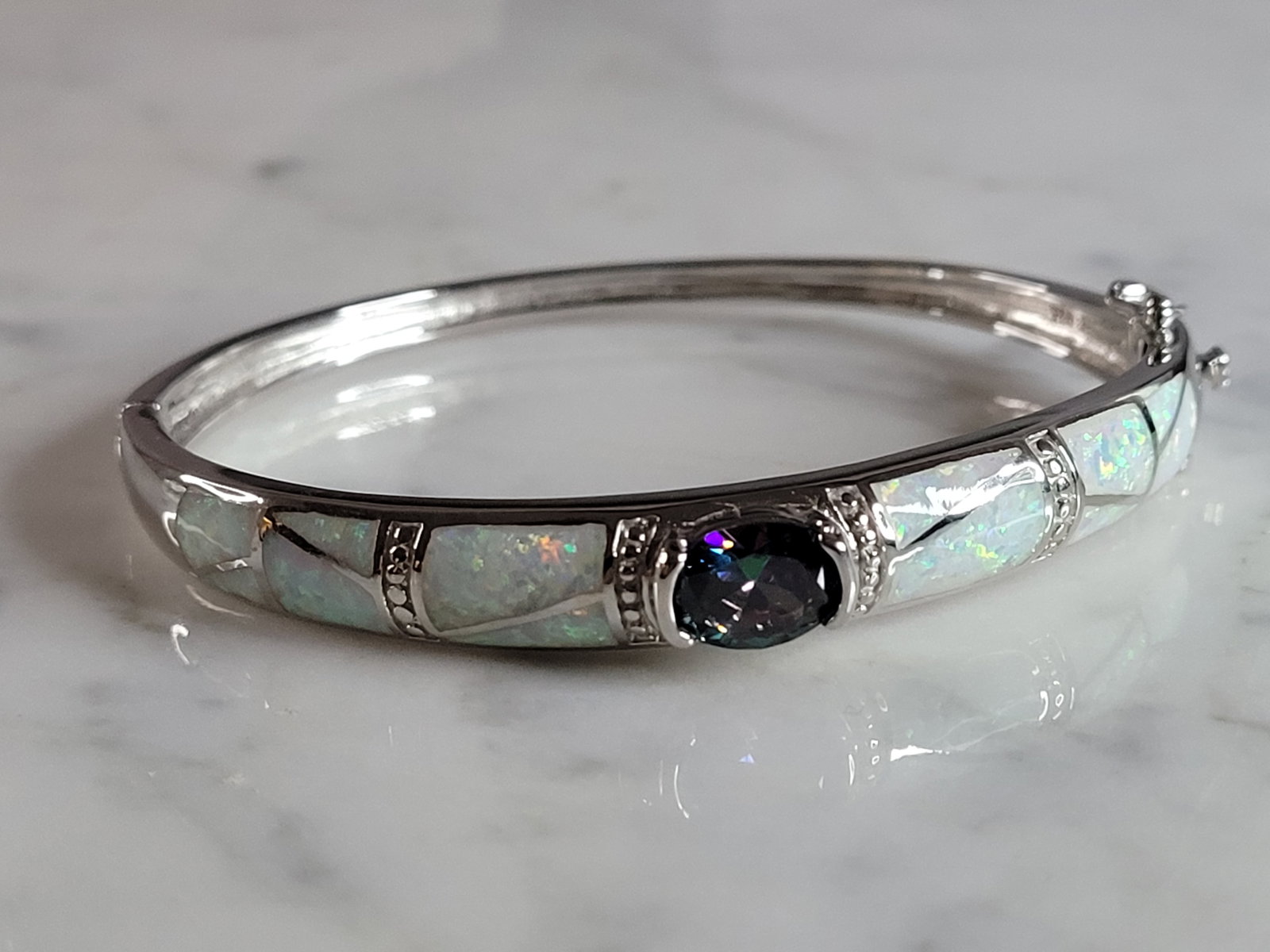 Womens Sterling Silver Modernist Opal Bangle Bracelet (1 of 4)