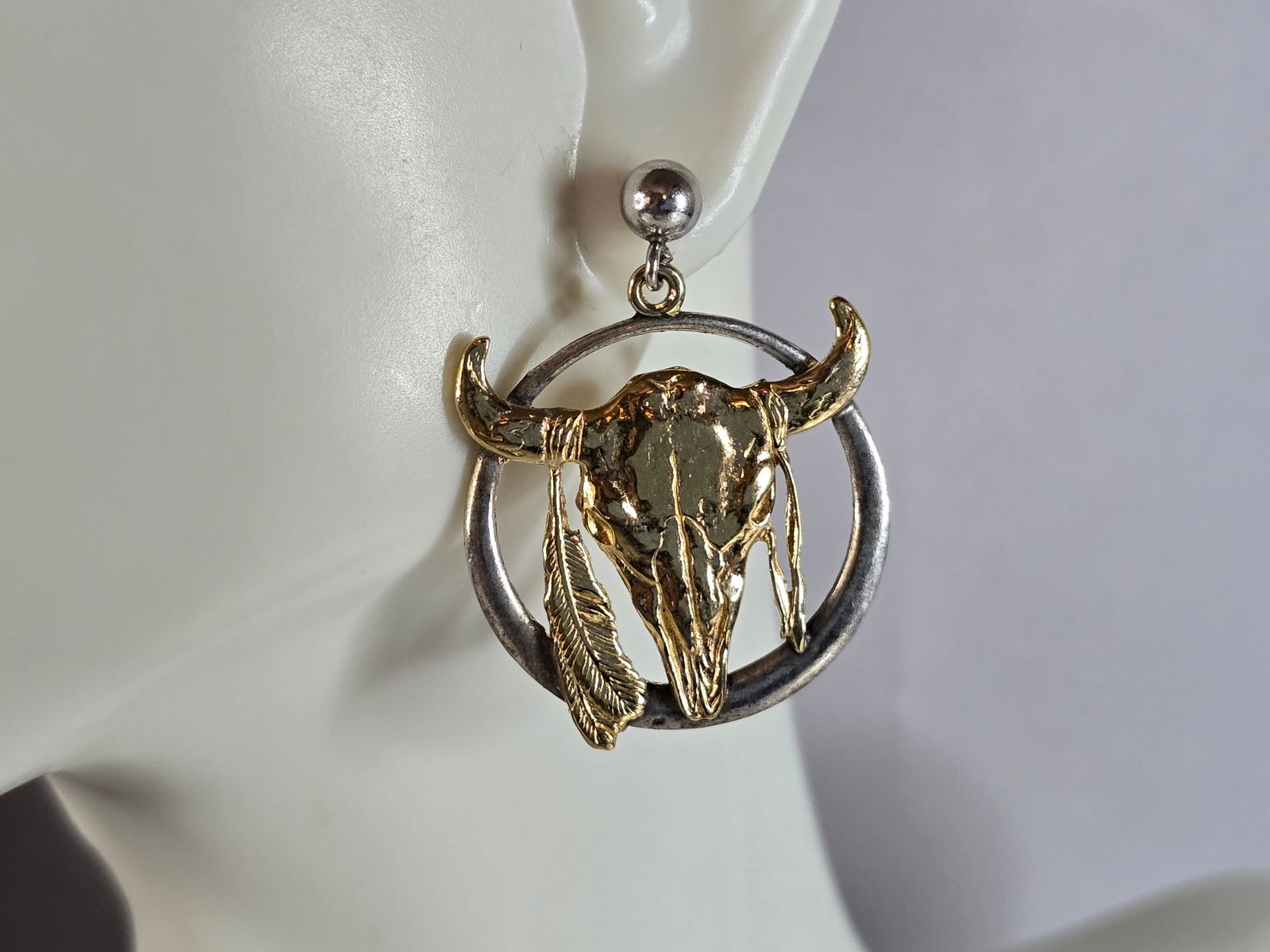 Womens Vintage Estate Sterling Silver Gold Tone Cattle Skull Earrings (1 of 5)