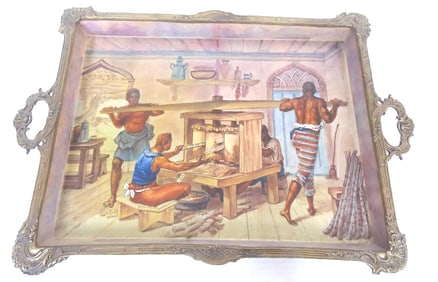 PORCELAIN & BRONZE TRAY W/ BRAZILIAN SUGARCANE SCENE