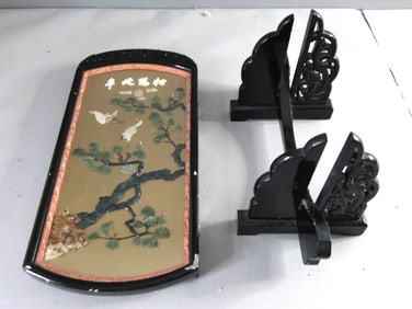 Vintage Chinese Decorative Carved Jade & Coral Crane Wall Art