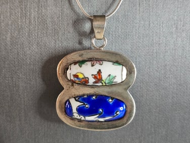 Womens Vintage Sterling Silver Chinese Porcelain Pendant Necklace