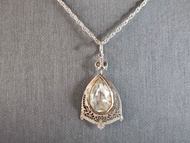 Womens Vintage Estate Sterling Silver CZ Pendant W/ Necklace