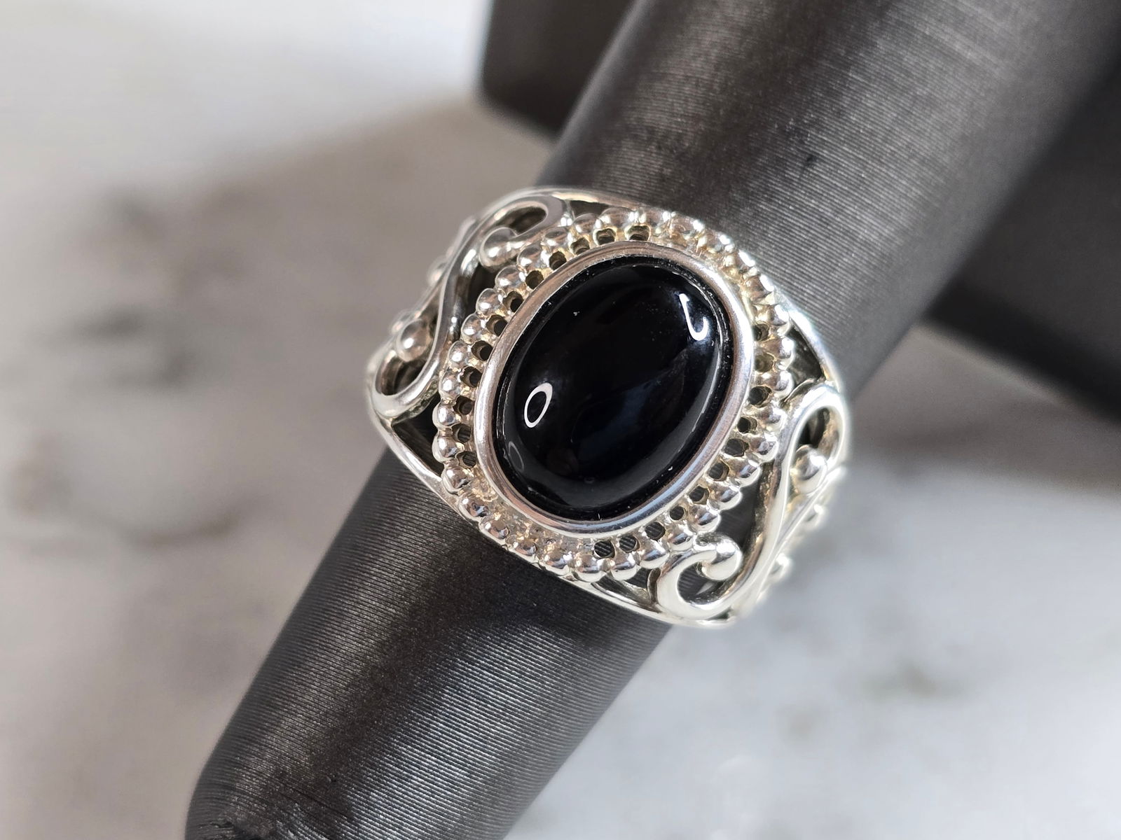 Womens Vintage Estate Sterling Silver Onyx Filigree Ring (1 of 5)