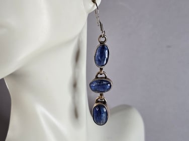 Womens Vintage Estate Sterling Silver Blue Kyanite Earrings