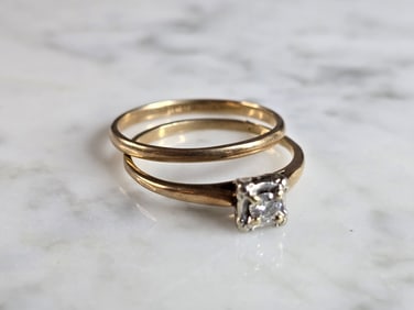 Womens Vintage Estate 14K Yellow Gold Diamond Wedding Ring Set