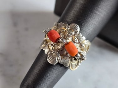 Womens Vintage Estate Sterling Silver Bumble Bee Coral Ring