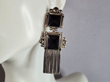 Womens Vintage Estate Sterling Silver Deco Onyx Earrings