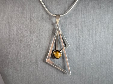 Womens Vintage Sterling Silver Tiger's Eye Modernist Pendant Necklace