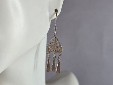 Womens Vintage Estate Sterling Silver Filigree Dangle Earrings