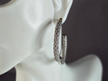 Womens Vintage Estate Sterling Silver CZ Hoop Earrings