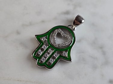 Womens Vintage Estate Sterling Silver CZ Hamsa Hand Heart Pendant