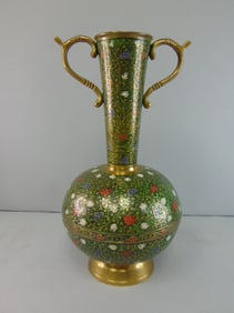 DECORATIVE VINTAGE ETCHED BRASS ENAMEL VASE
