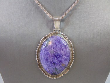 Womens Sterling Silver Necklace w/ Charoite Pendant