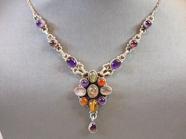 Womens Vintage Sterling Silver Multi Stone Necklace