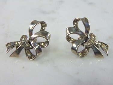 Womens Vintage Sterling Silver Ribbon Clamp On Earrings