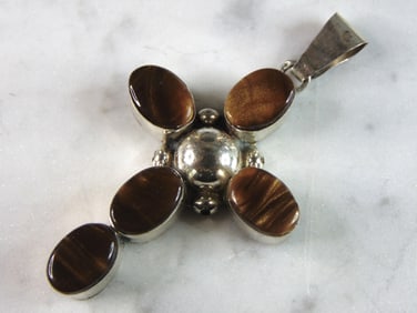Womens Vintage Estate Sterling Silver Tiger's Eye Cross Pendant