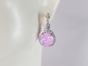 Womens Vintage Estate Sterling Silver Pink Opal Stone Earrings