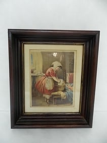 ANTIQUE DEEP WELL WALNUT FRAME W/ ANTIQUE PRINT SIGNED