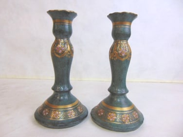 Decorative Pair of Hand Painted Porcelain Candlesticks