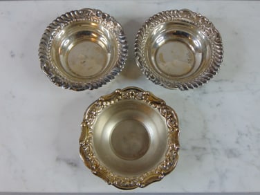 3 Vintage Antique Silver Sauce or Salt Dip Bowls