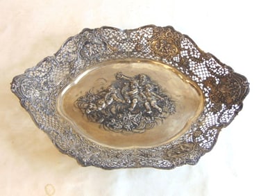 Antique .900 Silver Tray w/ Cherubs & Filigree