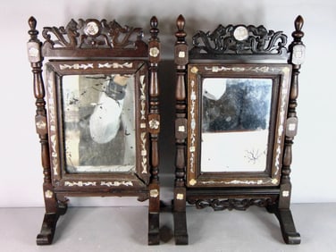Pair of Vintage Antique Chinese Vanity Mirrors W/ Mop Inlay