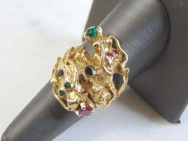 Vintage Estate 14k Gold Ruby & Emerald Dragon Ring