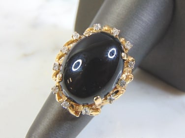 Womens Vintage Estate 14k Gold Onyx & Diamond Ring