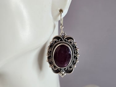 Womens Vintage Estate Sterling Silver Natural Ruby Earrings