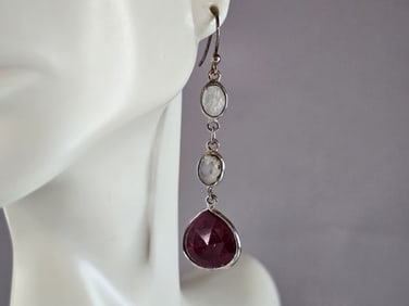 Womens Vintage Estate Sterling Silver Natural Ruby Moonstone Earrings