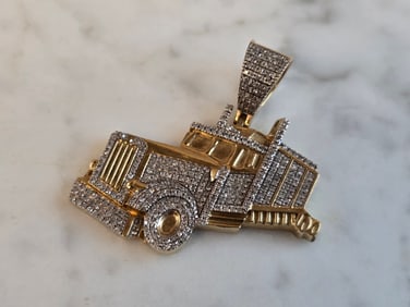 Vintage Estate 10K Gold Diamond Tractor Trailor Truck Pendant
