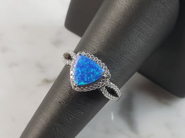 Womens Estate Sterling Silver Modernist Blue Opal & CZ Ring