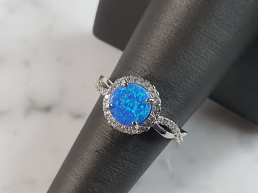 Womens Estate Sterling Silver Modernist Blue Opal & CZ Ring