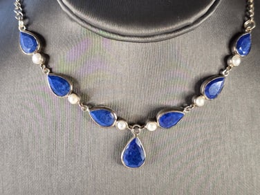 Womens Vintage Estate Sterling Silver Lapis Necklace