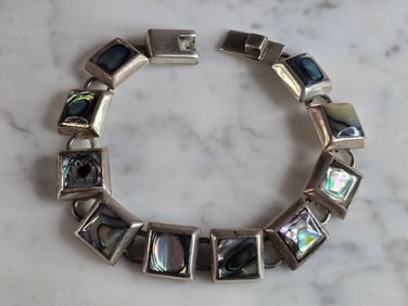 Womens Vintage Estate Sterling Silver Abalone Bracelet
