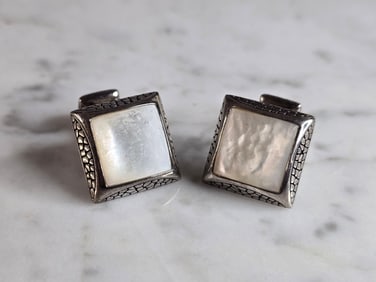 Mens Vintage Estate Sterling Silver Modernist MOP Cuff Links