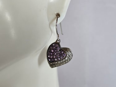 Womens Vintage Estate Sterling Silver Amethyst Heart Dangle Earrings