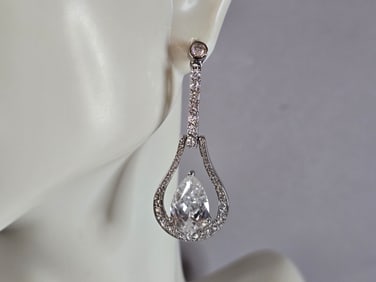 Womens Vintage Estate Sterling Silver CZ Dangle Earrings