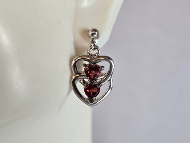 Womens Estate Sterling Silver Ruby Colored Heart Earrings