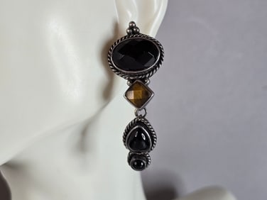 Womens Vintage Estate Sterling Silver Deco Onyx Earrings