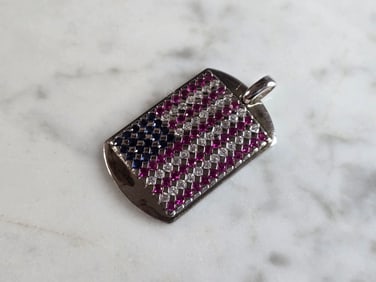 Womens Vintage Estate Sterling Silver American Flag CZ Pendant