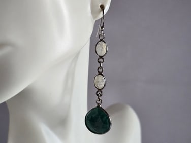 Pr Womens Sterling Silver Aventurine Moonstone Dangle Earrings