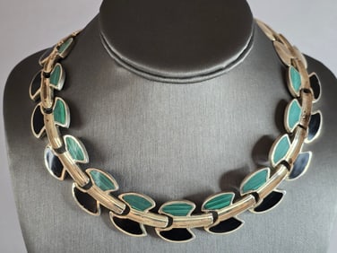 Womens Vintage Estate Sterling Silver Malachite Onyx Bib Necklace