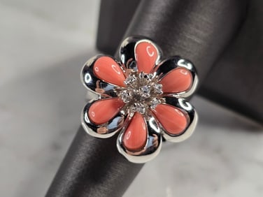 Womens Estate Sterling Silver Coral Flower Ring