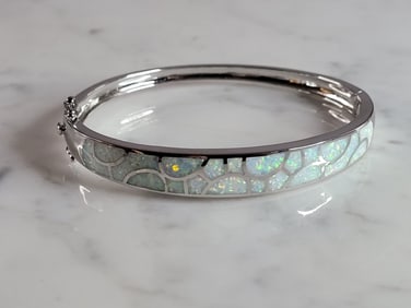 Womens Estate Sterling Silver Modernist Opal Bangle Bracelet