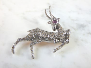Women Vintage Estate 14k White Gold Diamond Stag Brooch