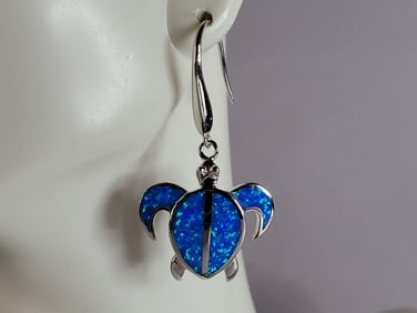 Womens Estate Sterling Silver Blue Opal Sea Turtle Earrings